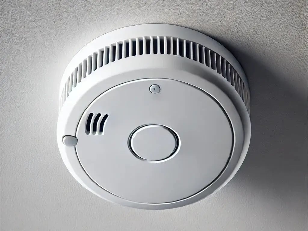 Close-up of a smoke detector mounted on a white ceiling.