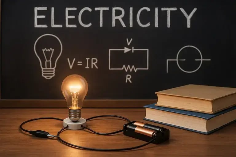 Lit light bulb connected to a battery on a desk in front of a chalkboard with electrical circuit diagrams and formulas.