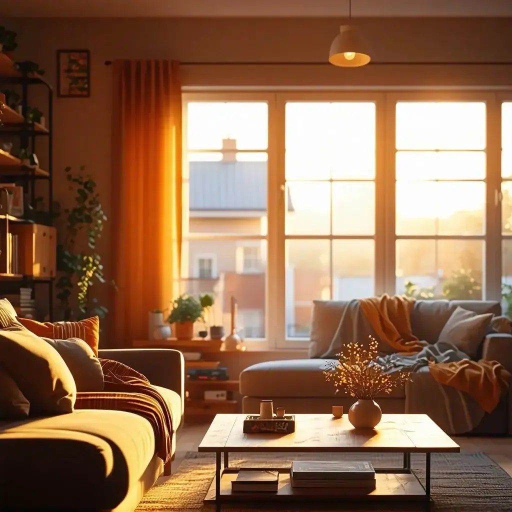 A cozy living room with a couch, coffee table, and a window overlooking the town.