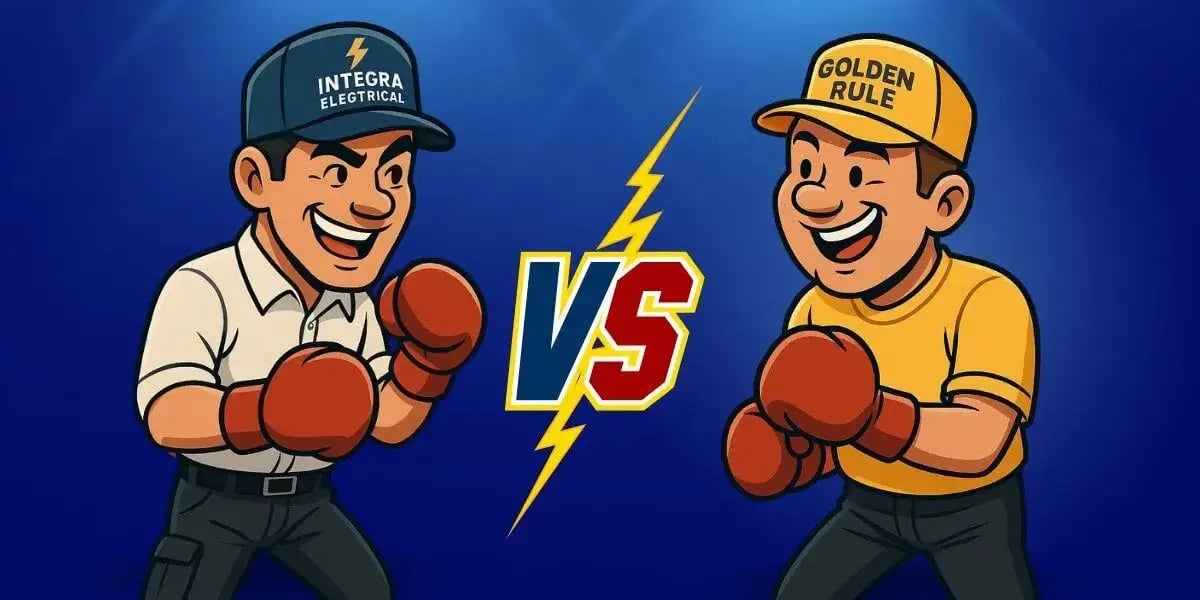 Cartoon electricians from Integra Electrical and Golden Rule facing off in a friendly boxing match with a lightning bolt and VS symbol between them.