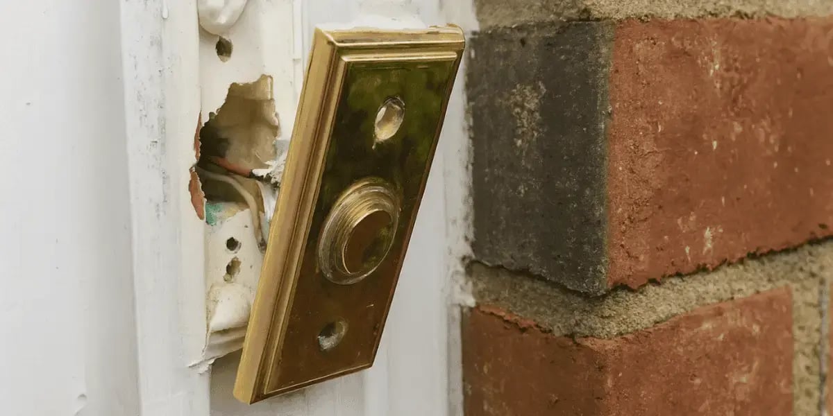A gold-colored doorbell falling off of a wall