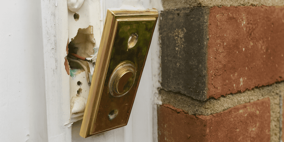 A broken brass doorbell hangs loosely from a white wooden door frame, exposing frayed wires and a damaged mounting area. The surrounding surface shows signs of wear, with a red brick wall adjacent to the doorframe providing contrast.