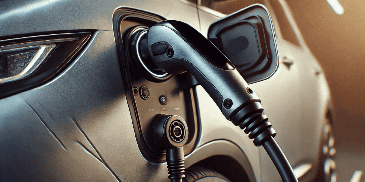 Close-up of an electric vehicle charging at a home EV charger, showing the connector plugged into the car’s port with the vehicle slightly blurred in the background.