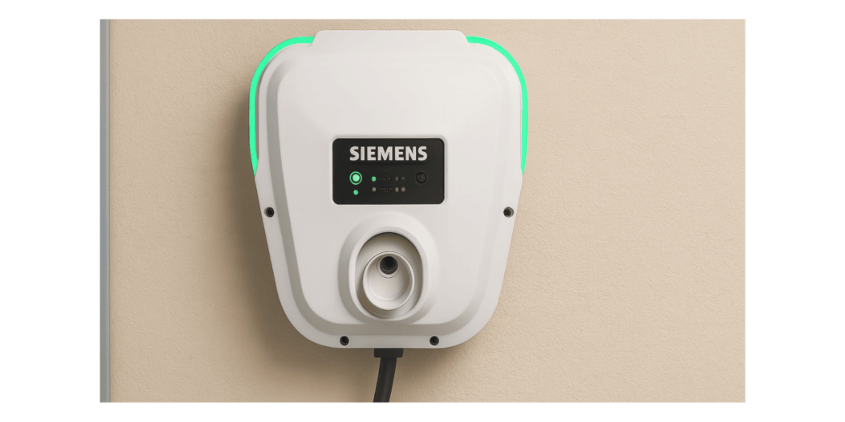 A Siemens smart EV charger mounted on a clean beige stucco wall, centered in the frame with a glowing green LED ring and charging port visible below the control panel.          Ask ChatGPT