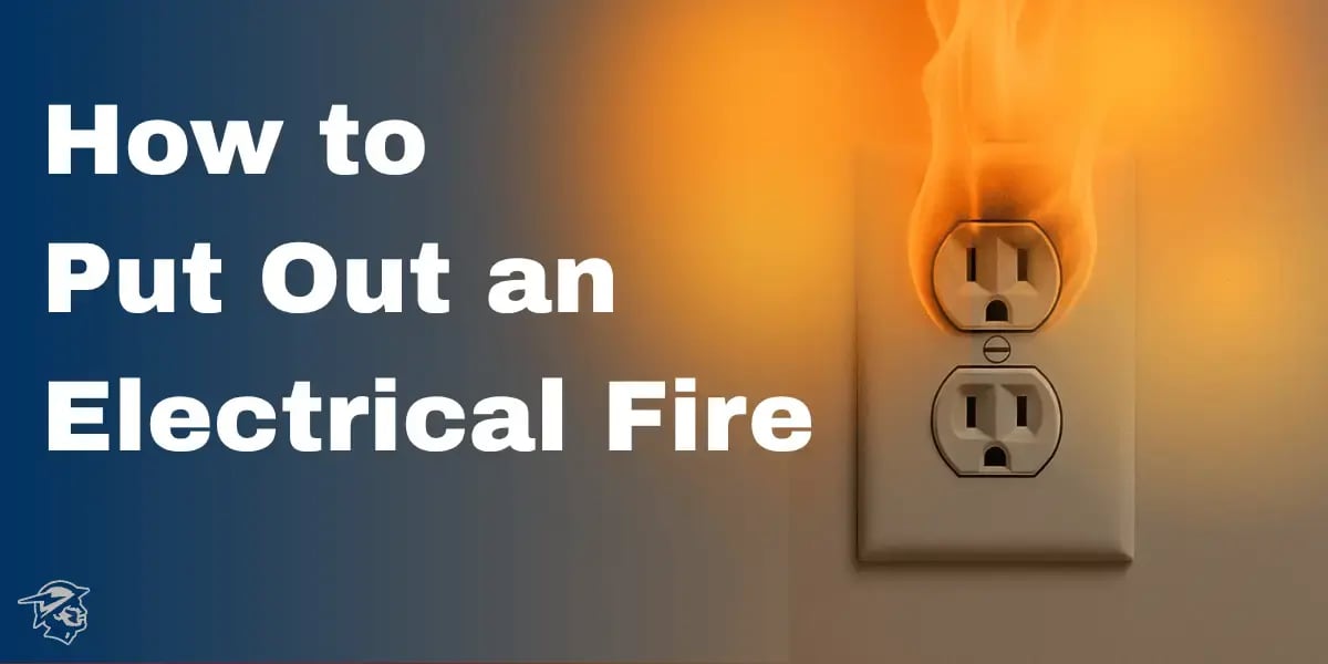 A wall electrical outlet with flames rising from the top, next to bold white text reading “How to Put Out an Electrical Fire” on a blue gradient background with the Integra Electrical logo in the corner.