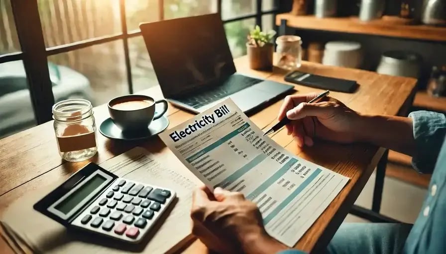 Person reviewing an electricity bill at a desk with a calculator, coffee, and laptop, calculating home energy costs.
