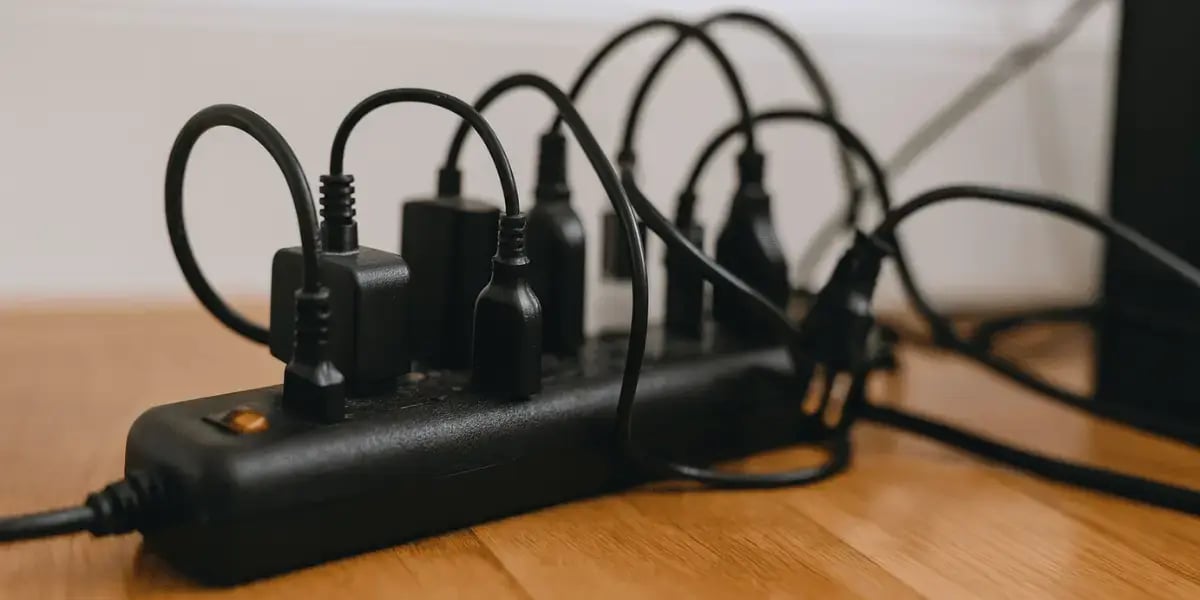 angled electrical cords plugged into a black surge protector on a hardwood floor, showing the risks of overloading outlets in a home.
