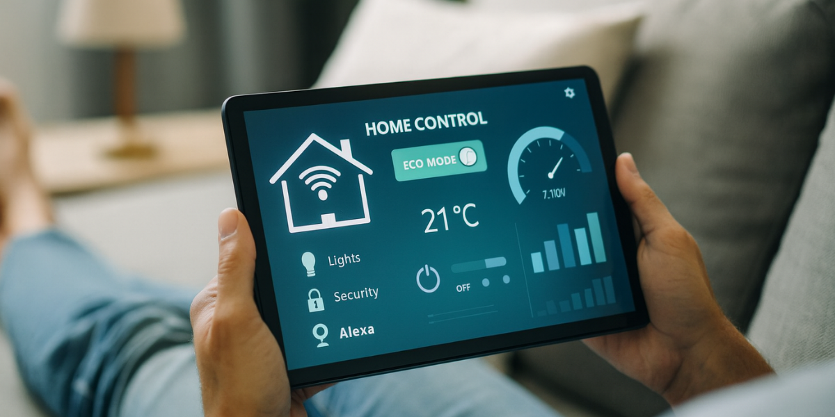 Person holding a tablet with a smart home control app, showing eco mode, temperature settings, and energy usage graphs while relaxing on a sofa.