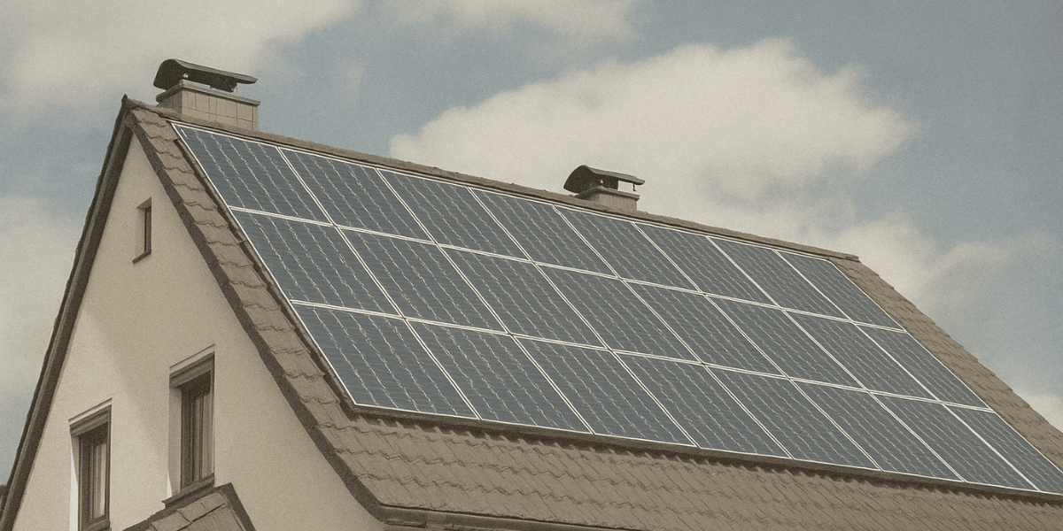 Solar panels on a roof with a cloudy sky in the background