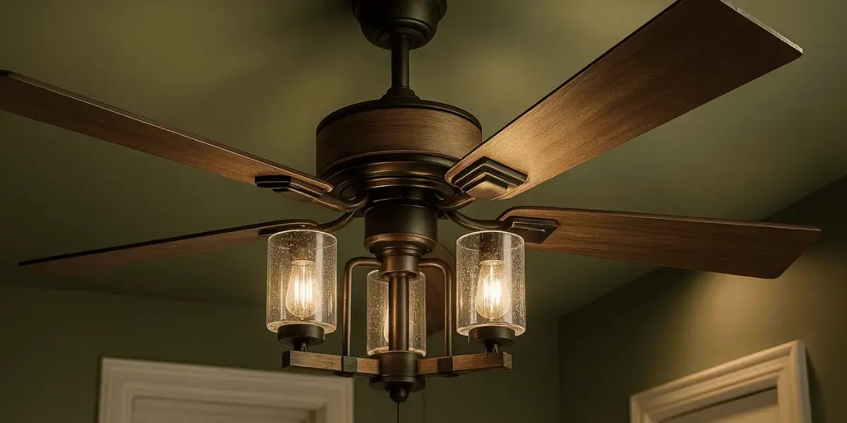 Close-up of a ceiling fan with five wooden blades and three warm Edison-style bulbs in clear glass shades, mounted on a green ceiling with white trim in the background.