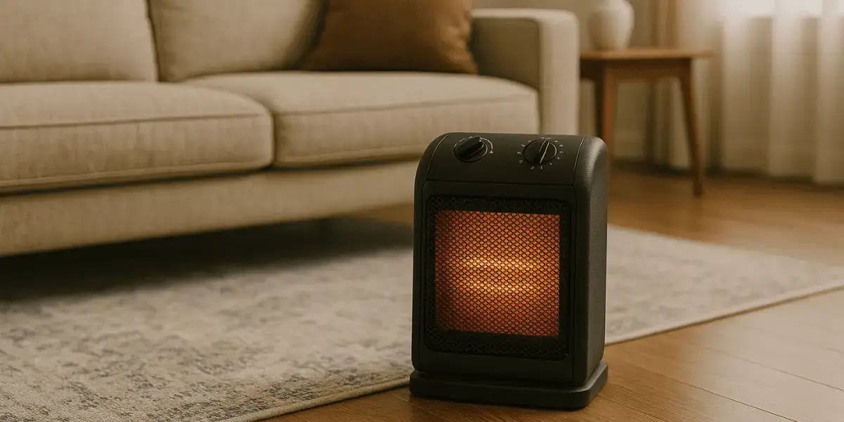 A small electric space heater glowing orange on a rug in a cozy living room, with a beige couch and soft lighting in the background.