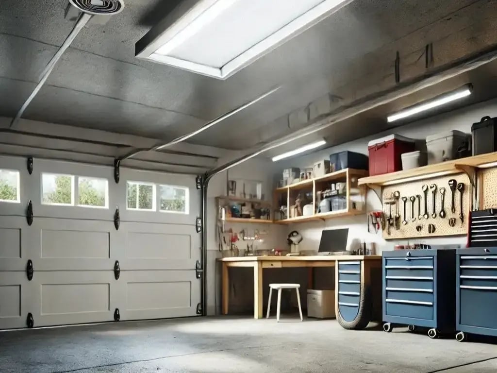 Organized residential garage with overhead lighting, workbench, and storage cabinets.
