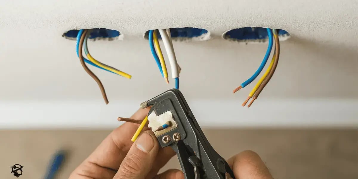 An electrician uses a wire stripping tool to remove insulation from electrical wires extending from three wall openings during a home rewiring project.