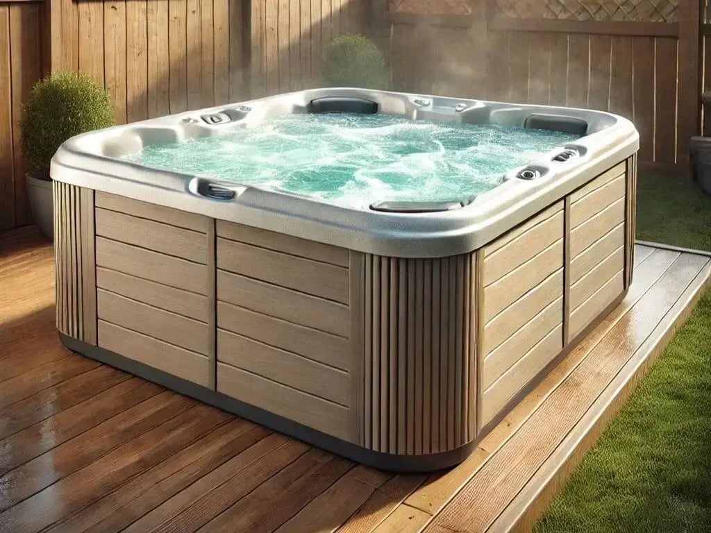 Outdoor hot tub filled with bubbling water on a wooden deck.