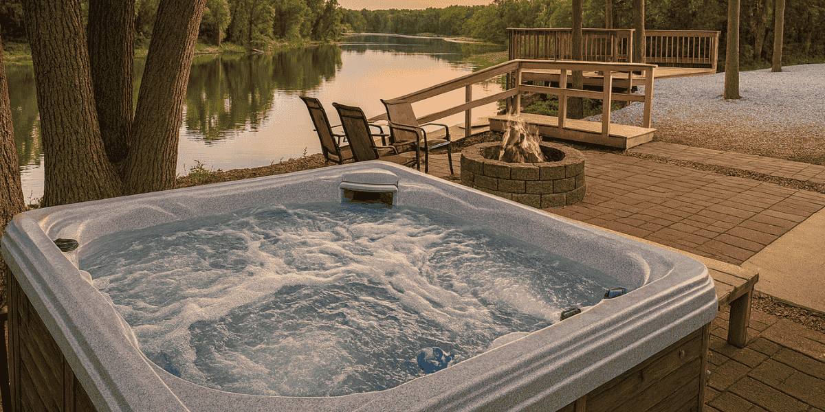 A bubbling hot tub sits on a patio overlooking a calm river at sunset. In the background, there’s a fire pit surrounded by chairs and a wooden deck with railings, all shaded by tall trees. The scene feels warm and peaceful, with golden light reflecting off the water.