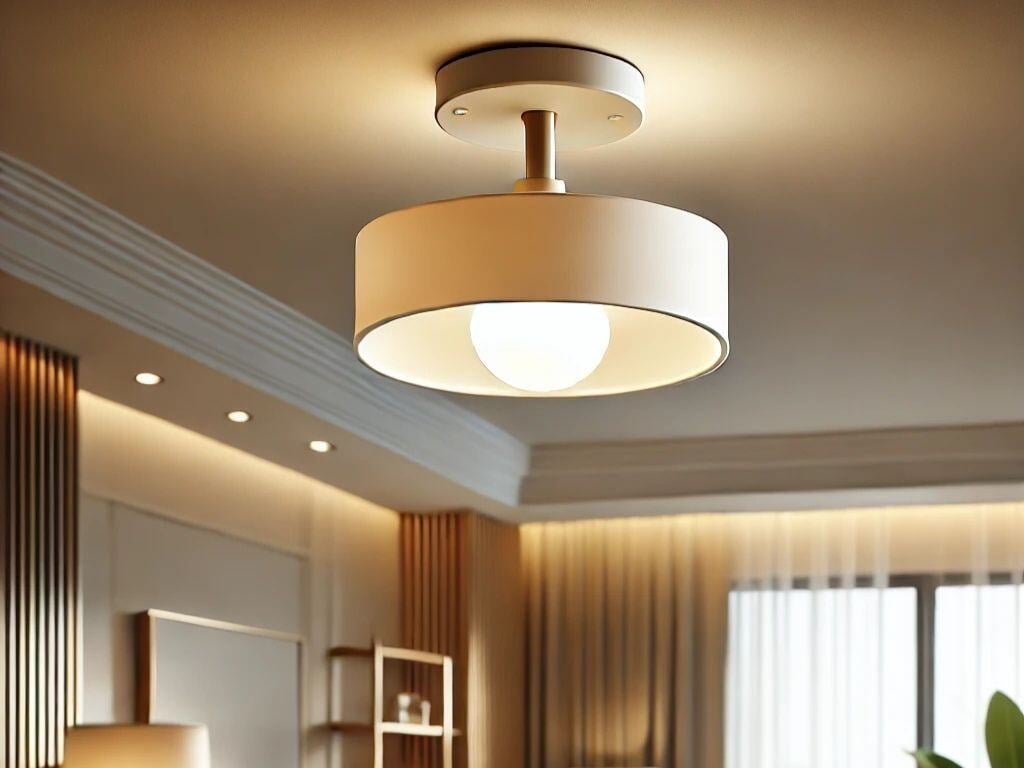 A light fixture on the ceiling of a modern living room