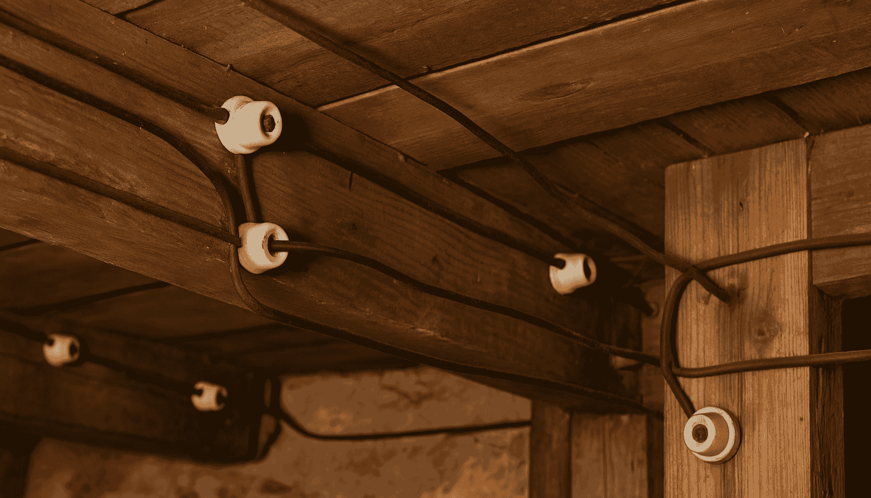Close-up of knob and tube wiring in an unfinished attic, showing porcelain knobs and exposed electrical wires mounted on aged wooden beams.