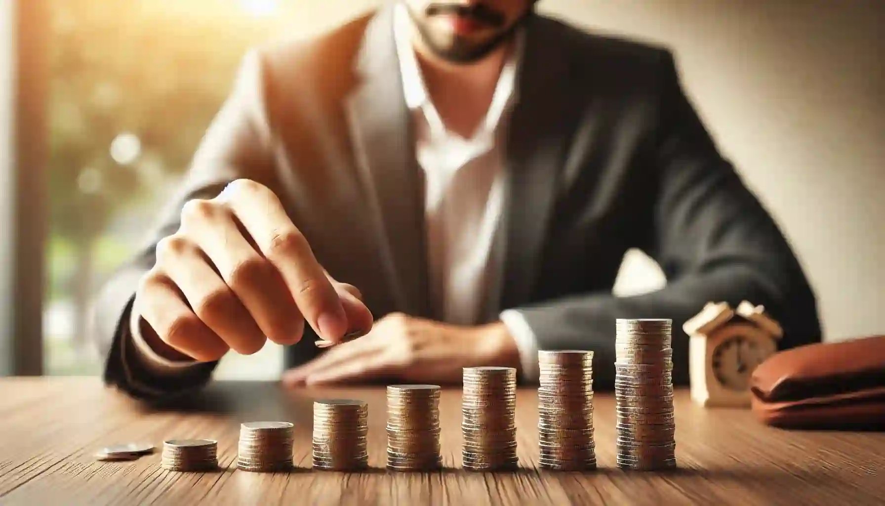 Businessman stacking coins in ascending order on a desk, symbolizing financial growth and savings.