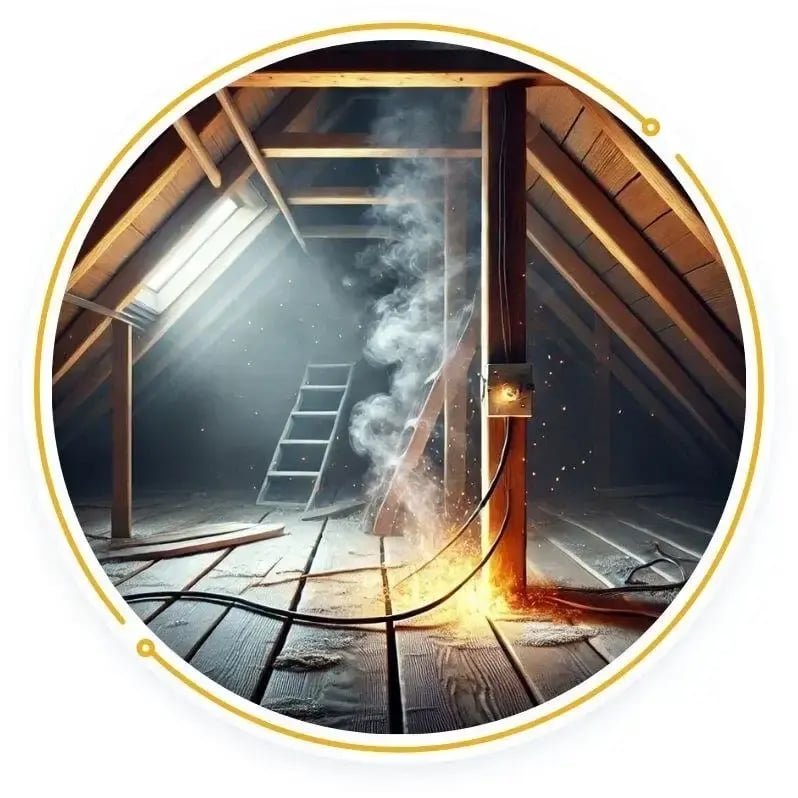 An attic with wooden beams and sunlight streaming through a skylight, showing an electrical short sparking and smoking near a junction box on a support beam.