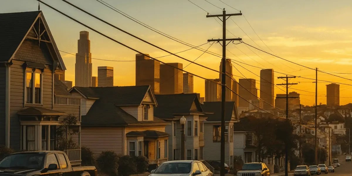 Residential street at sunset with older houses, parked cars, and utility poles. A glowing downtown skyline rises in the distance.