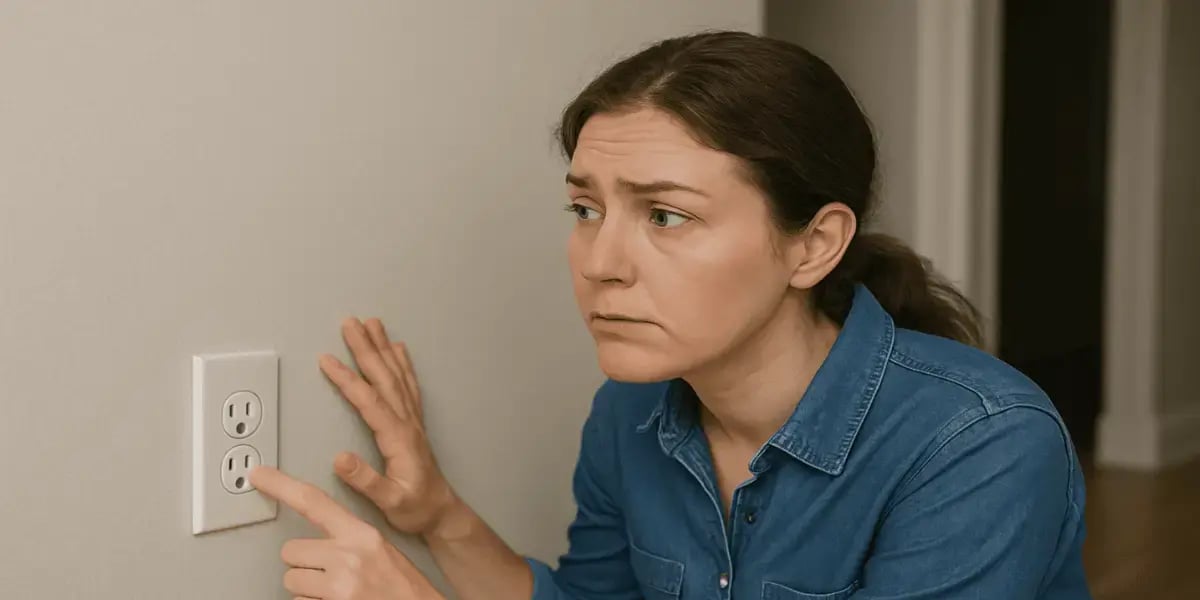 A woman in a blue denim shirt inspects an electrical outlet with curiosity. She is standing in front of a beige wall, gently touching the outlet with her finger, her focused expression highlighting her concern about the electrical system.