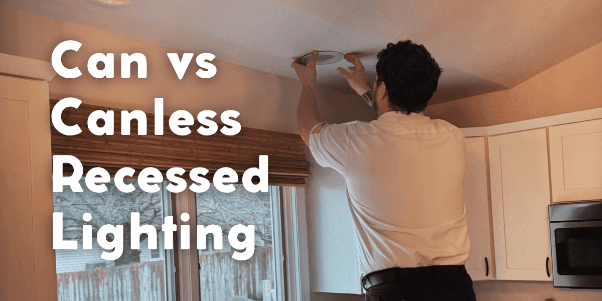 Electrician installing a canless recessed light in a kitchen ceiling with the text 