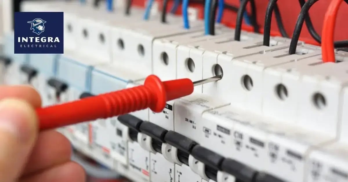 A close-up of a red multimeter probe being used to test a circuit breaker in an electrical panel. Multiple wires and breakers are visible, with the Integra Electrical logo displayed in the top left corner of the image.