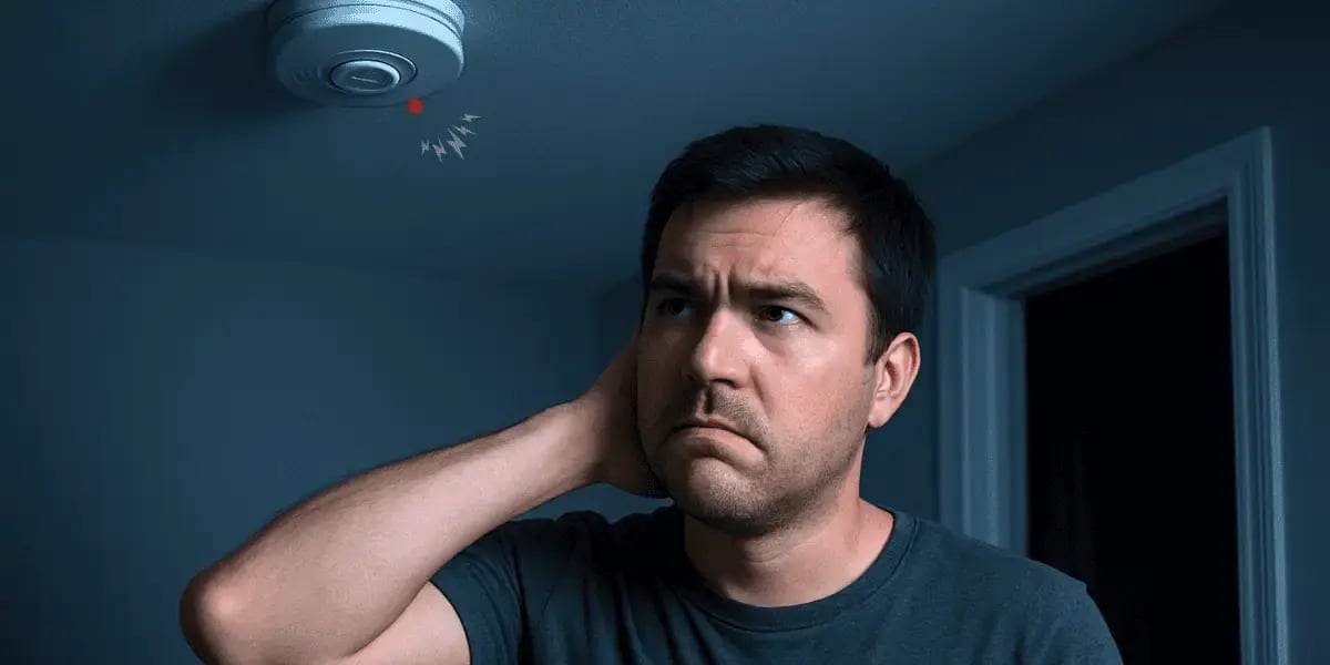 A frustrated man looks up at a beeping smoke detector on the ceiling, covering one ear with his hand. A red light and sound wave symbols indicate the alarm is going off.