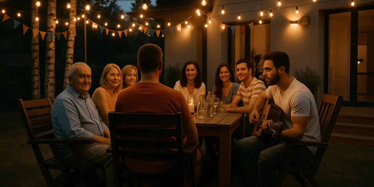 Group of people sitting outside on patio, enjoying their outdoor lighting