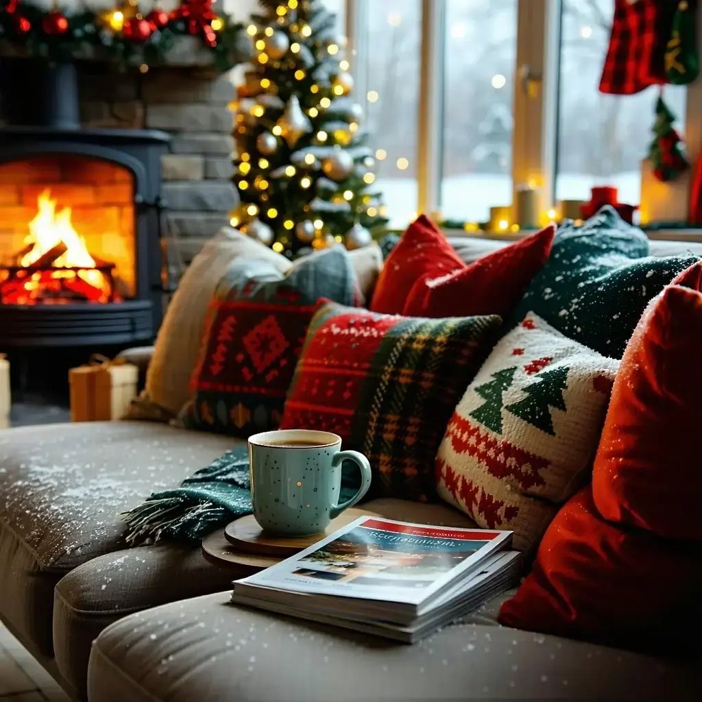 A cozy living room with a fire going, decorated for Christmas