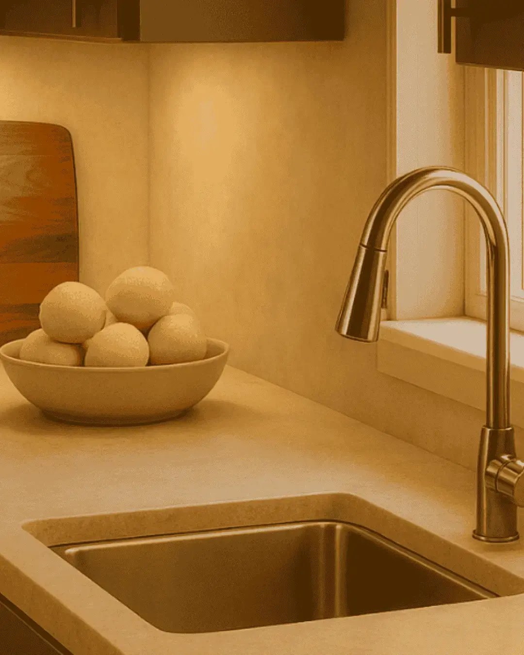 Warm under-cabinet lighting illuminating a kitchen countertop with a bowl of lemons and a stainless steel faucet.