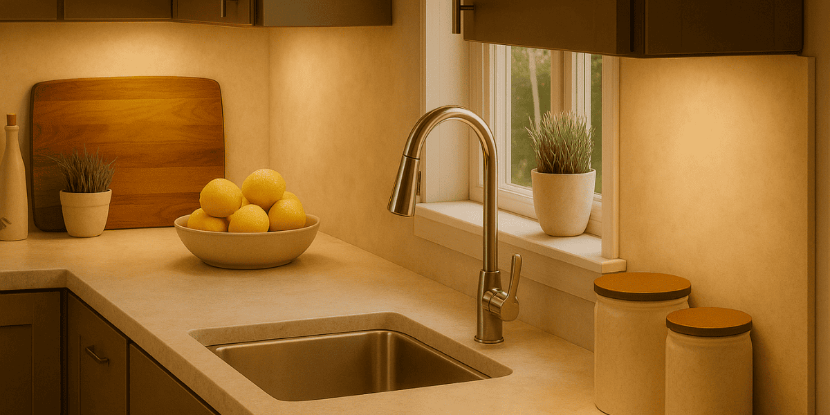 A warmly lit kitchen featuring under-cabinet lighting, dark shaker cabinets, a light quartz countertop, a stainless steel sink and faucet, a bowl of lemons, potted plants, and ceramic canisters near a window.