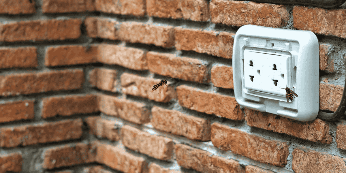 Two wasps near a white outdoor electrical outlet mounted on a red brick wall, with one wasp in flight and the other perched on the outlet cover.