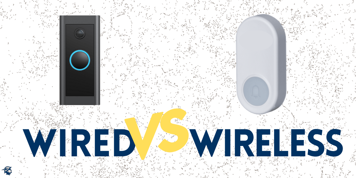 Graphic showing a wired video doorbell on the left and a wireless doorbell on the right with the text 'Wired vs Wireless' in bold letters across the bottom.