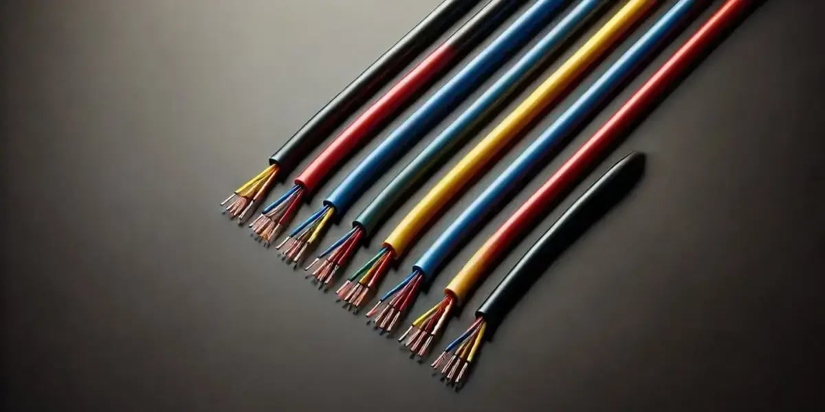 Close-up of colorful electrical wires with exposed copper strands arranged neatly on a dark surface.