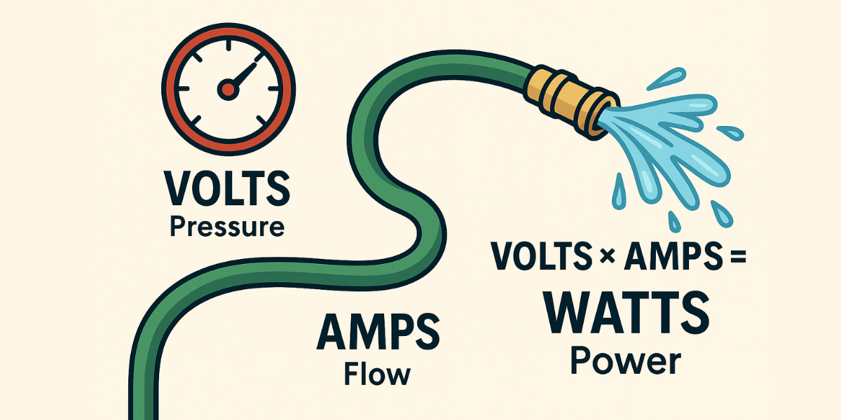 Graphic showing volts as pressure, amps as flow, and watts as total power.