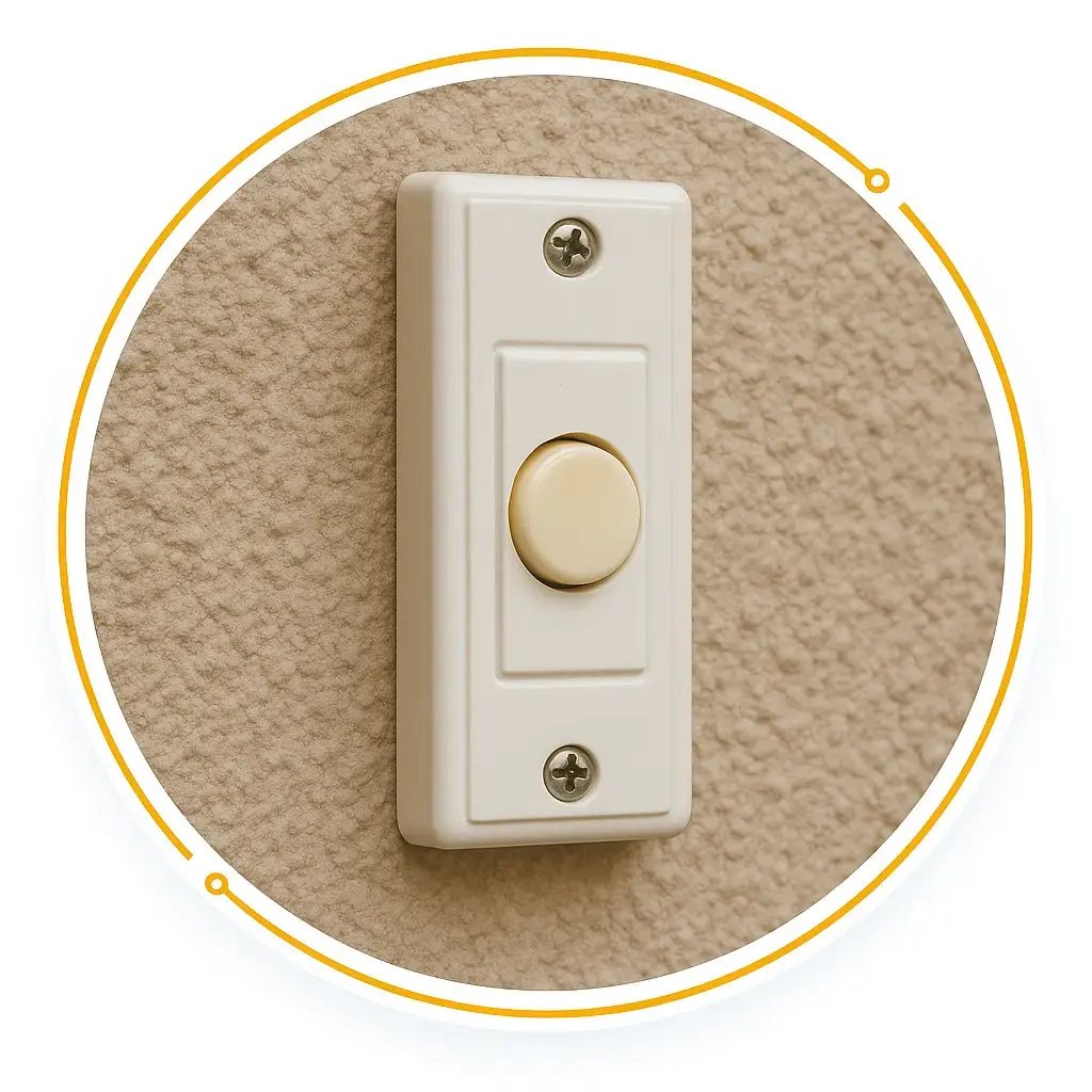 A doorbell on a a textured wall with a yellow border surrounding the photo