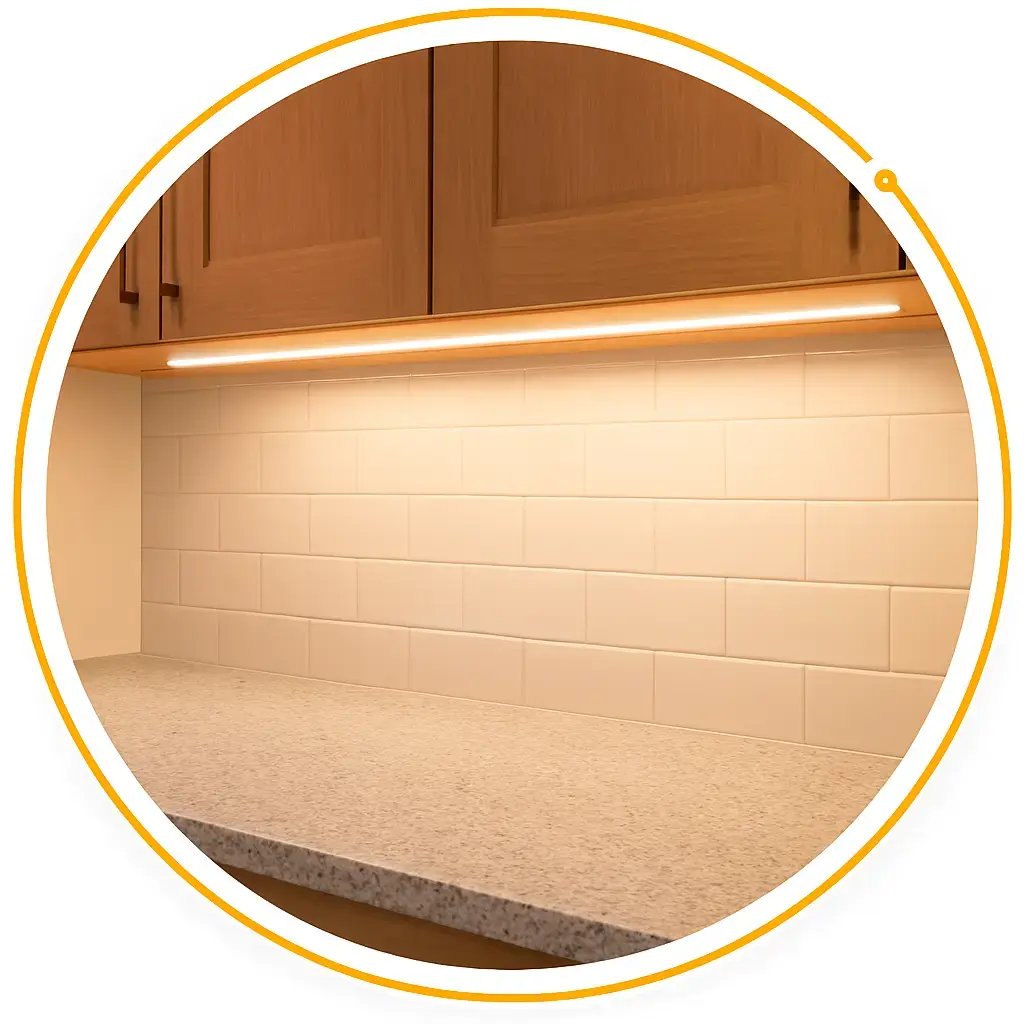 Warm modern under cabinet lighting in a kitchen