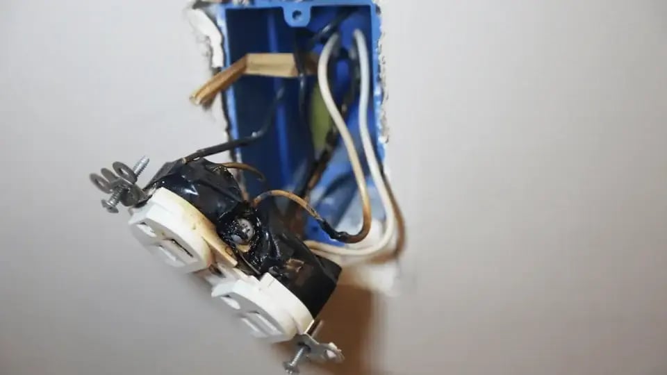Burned electrical outlet with damaged wires and melted insulation, showing signs of overheating and potential fire hazard.