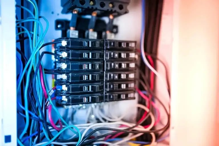 Electrical panel with organized wiring and circuit breakers illuminated by cool and warm lighting