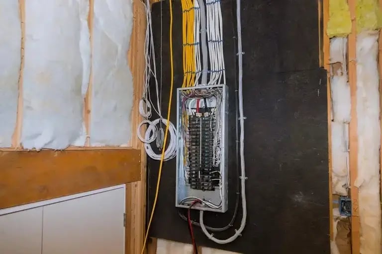Open electrical breaker panel with organized wiring in an unfinished basement, showing proper home electrical installation.
