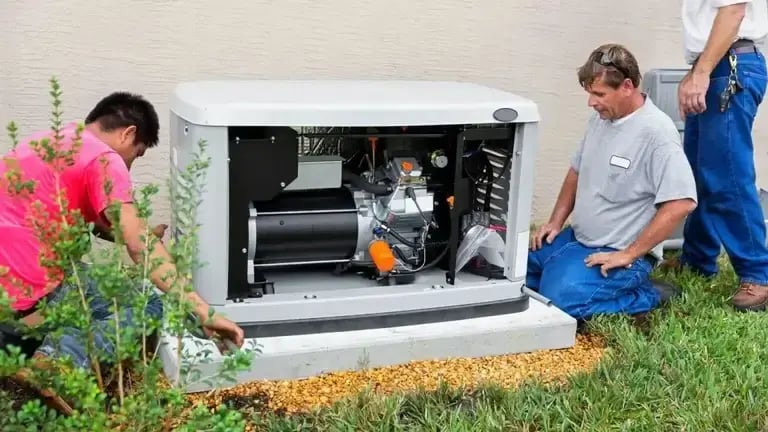 Technicians inspecting a standby home generator with the cover open during installation.