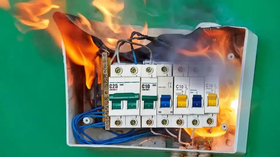 Electrical breaker panel on fire due to faulty wiring or overload, illustrating the dangers of electrical faults.