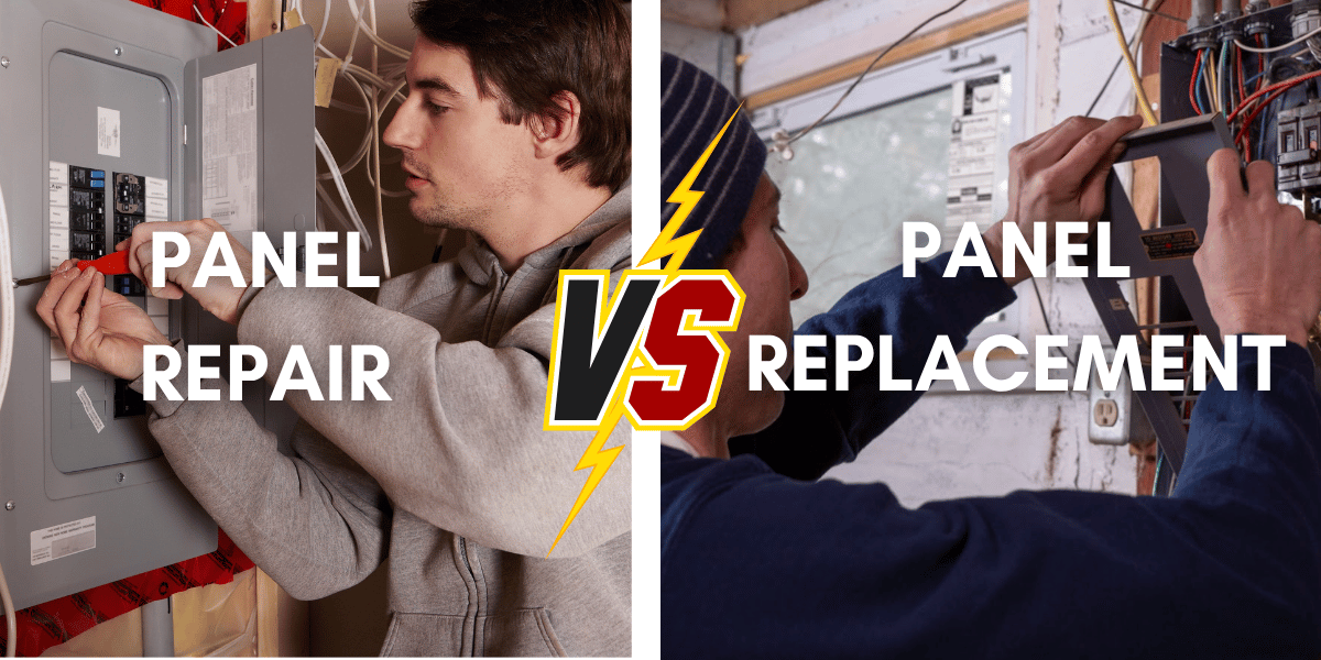 Split image comparing panel repair vs panel replacement, with electricians working on electrical panels and a “VS” graphic in the center.