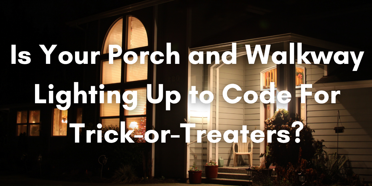 A two-story home at night with a brightly lit front porch and walkway, highlighting outdoor lighting safety for Halloween trick-or-treaters. 
